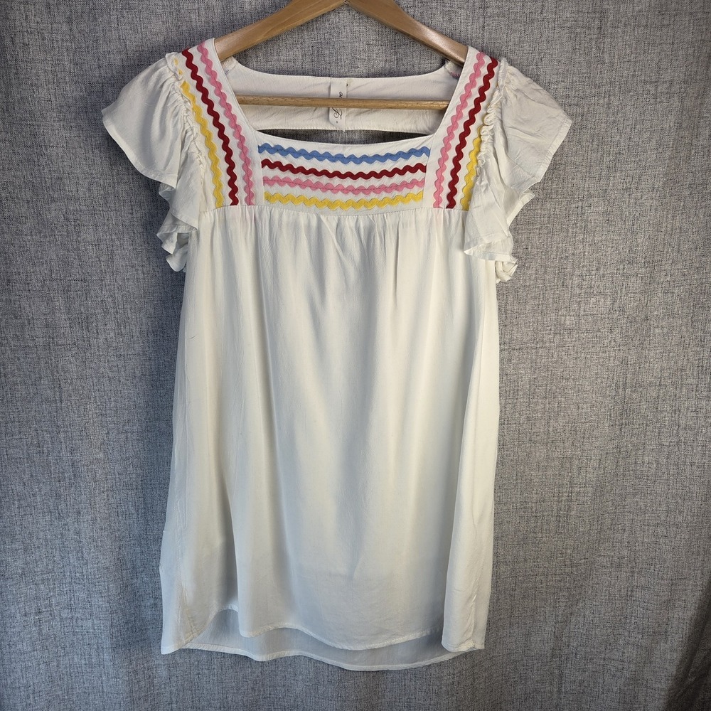 Boho Small White Lined Blouse Ric Rac Design Ruffled Sleeve Beach Llove Women's